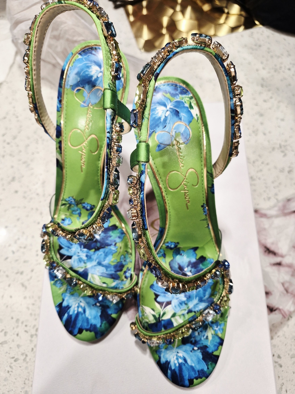 Jessica Simpson Green Floral Jeweled Slingback Sandals Size 8.5